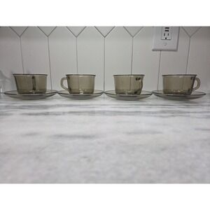 Arcoroc Smoke Brown Cups and Saucers, Vintage‎ Set of 4, 8 Piece Dining Set